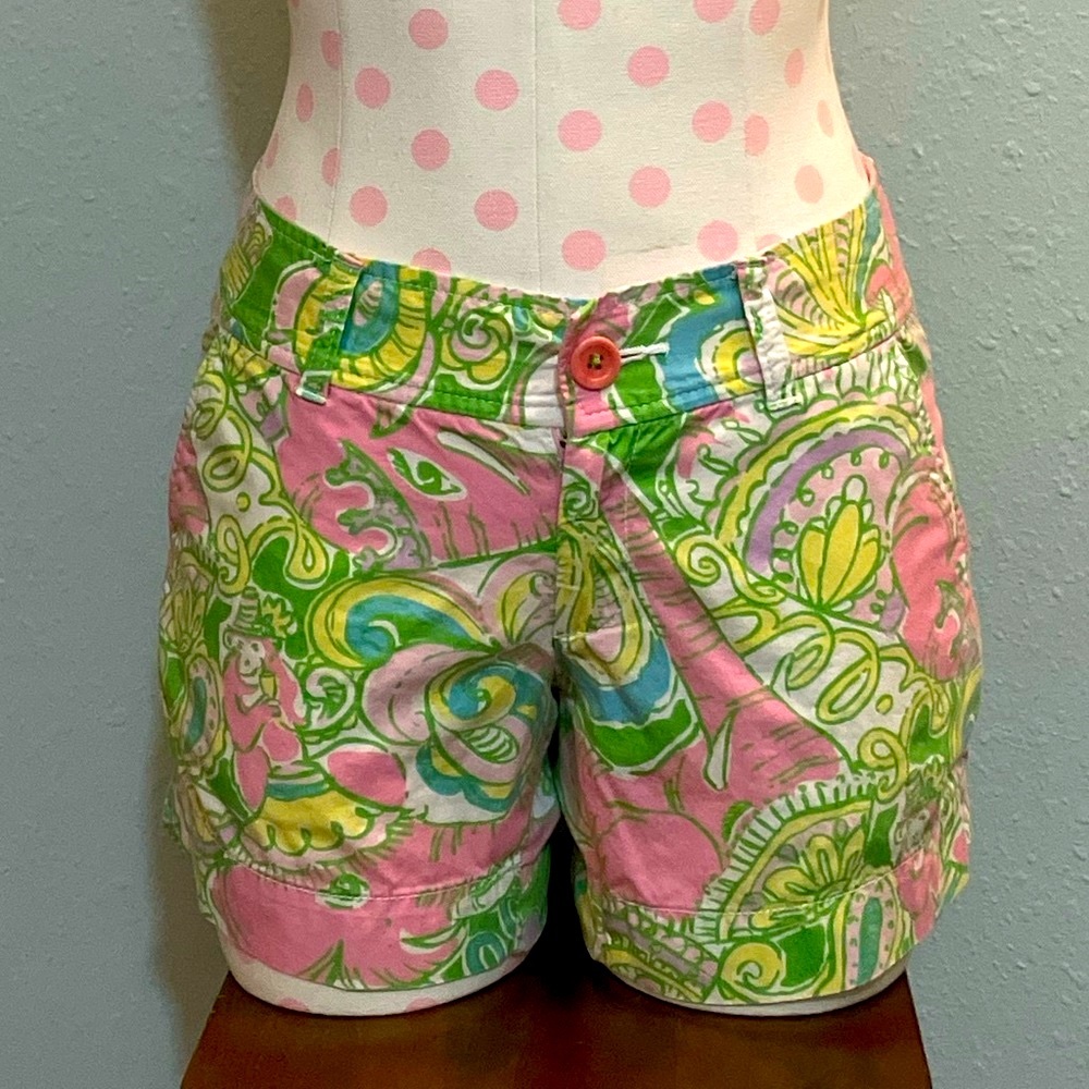 Lilly Pulitzer Chin Chin Callahan Shorts Pink Green Elephant Women's Sz 0